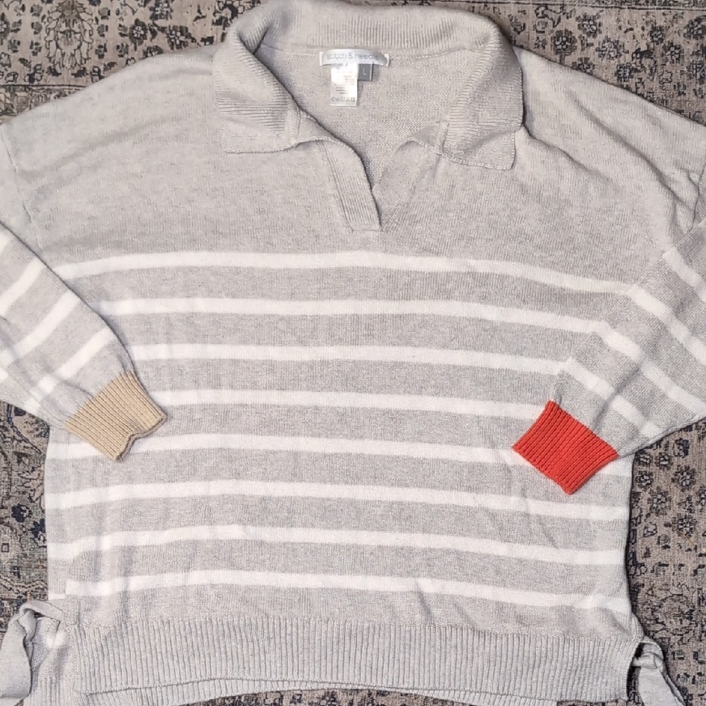 Stitch & Needle Cashmere Cotton Gray and White Striped Pullover with BeigeCuffs